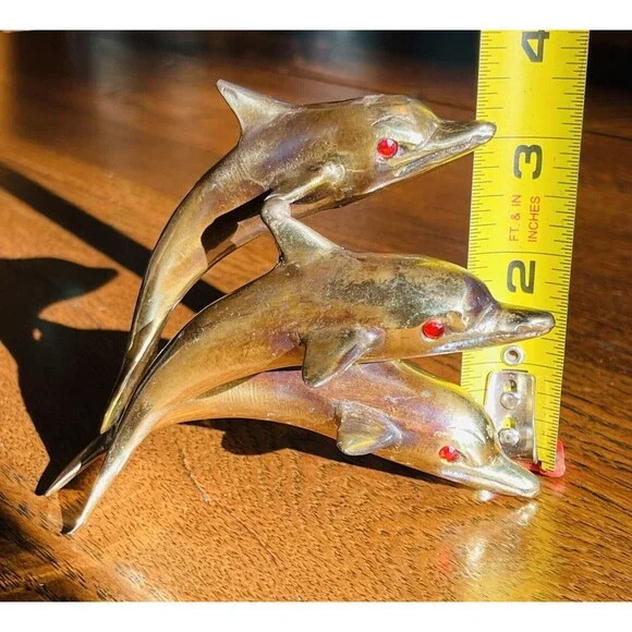 VTG Brass Swimming Jumping Three Dolphins Figurine Sculpture Statue 3.5” Marine - Picture 10 of 11